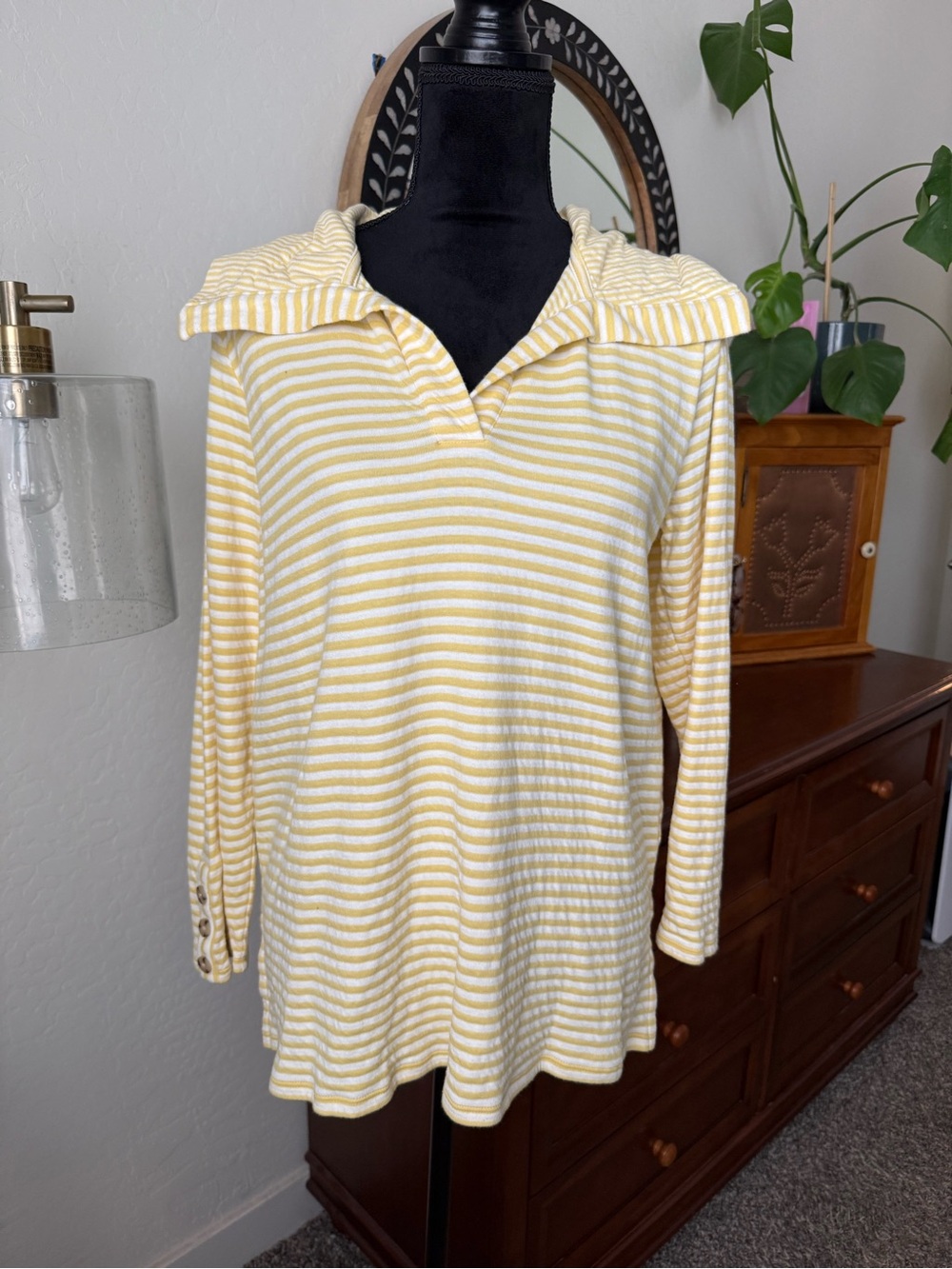 J. Jill Yellow and White Striped V-Neck Hooded Sweater 100% cotton